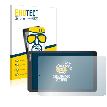 Front side of a product packaging with the brand logo BROTECT. Next to it is the device Garmin Camper 890 shown with the corre
