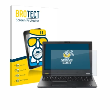 Front side of a product packaging with the brand logo BROTECT. Next to it is the device Fujitsu Lifebook E5510 shown with the 