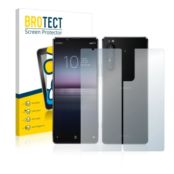 Front side of a product packaging with the brand logo BROTECT. Next to it is the device Sony Xperia 1 II (Front+Back) shown wi