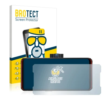 Front side of a product packaging with the brand logo BROTECT. Next to it is the device Lenovo Legion Duel shown with the corr