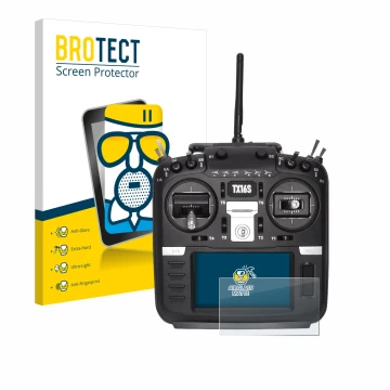 Front side of a product packaging with the brand logo BROTECT. Next to it is the device Radiomaster TX16S shown with the corre