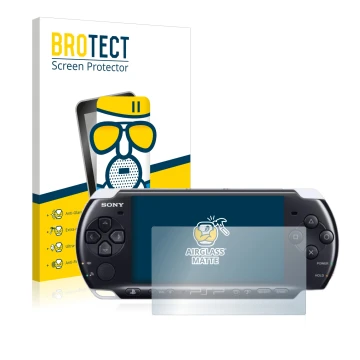 Front side of a product packaging with the brand logo BROTECT. Next to it is the device Sony PSP 3003 shown with the correspon