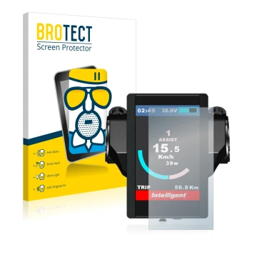 Front side of a product packaging with the brand logo BROTECT. Next to it is the device Bafang 850c shown with the correspondi