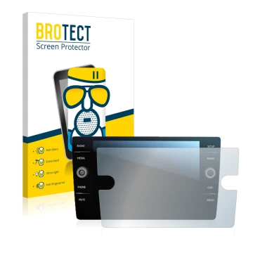 Front side of a product packaging with the brand logo BROTECT. Next to it is the device Volkswagen Tiguan Discover Media 8