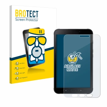 Front side of a product packaging with the brand logo BROTECT. Next to it is the device Samsung Galaxy Tab Active 2 SM-T395 sh