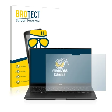 Front side of a product packaging with the brand logo BROTECT. Next to it is the device ASUS ZenBook Flip 14 UX463FA shown wit