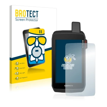 Front side of a product packaging with the brand logo BROTECT. Next to it is the device Garmin Montana 750i shown with the cor