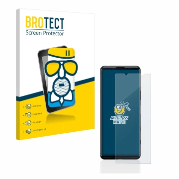 Front side of a product packaging with the brand logo BROTECT. Next to it is the device Sony Xperia 5 II shown with the corres