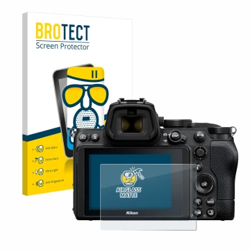 Front side of a product packaging with the brand logo BROTECT. Next to it is the device Nikon Z 5 shown with the corresponding
