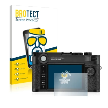 Front side of a product packaging with the brand logo BROTECT. Next to it is the device Leica M10-R shown with the correspondi