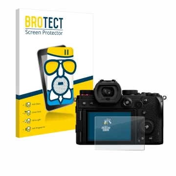 Front side of a product packaging with the brand logo BROTECT. Next to it is the device Panasonic Lumix DC-S5 shown with the c