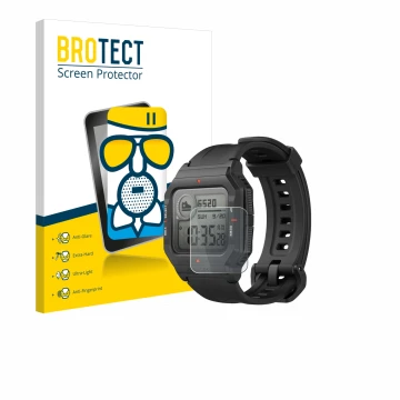 Front side of a product packaging with the brand logo BROTECT. Next to it is the device Huami Amazfit Neo shown with the corre