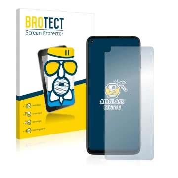 Front side of a product packaging with the brand logo BROTECT. Next to it is the device Motorola Moto G9 Plus shown with the c