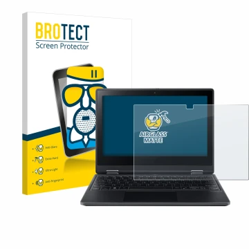 Front side of a product packaging with the brand logo BROTECT. Next to it is the device Acer TravelMate Spin B3 shown with the