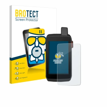 Front side of a product packaging with the brand logo BROTECT. Next to it is the device Garmin Montana 700 shown with the corr