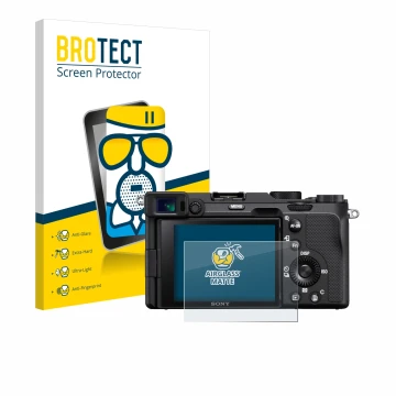 Front side of a product packaging with the brand logo BROTECT. Next to it is the device Sony A7C shown with the corresponding 