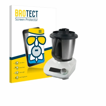 Front side of a product packaging with the brand logo BROTECT. Next to it is the device Vorwerk Thermomix Friend shown with th