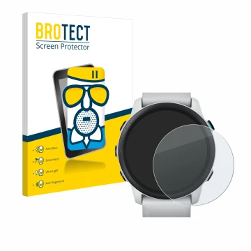 Front side of a product packaging with the brand logo BROTECT. Next to it is the device Garmin Forerunner 745 shown with the c