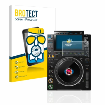 Front side of a product packaging with the brand logo BROTECT. Next to it is the device Pioneer CDJ 3000 shown with the corres