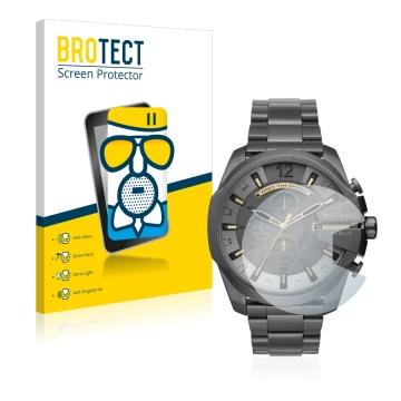 Front side of a product packaging with the brand logo BROTECT. Next to it is the device Diesel Chronograph DZ4466 shown with t
