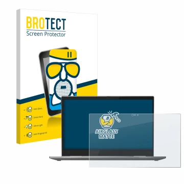 Front side of a product packaging with the brand logo BROTECT. Next to it is the device Lenovo ThinkPad X1 Yoga (5th. Gen.) sh