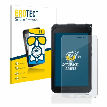 Front side of a product packaging with the brand logo BROTECT. Next to it is the device Samsung Galaxy Tab Active 3 shown with