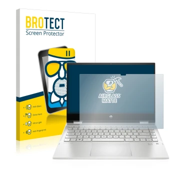 Front side of a product packaging with the brand logo BROTECT. Next to it is the device HP Pavilion x360 (14-dwX) shown with t