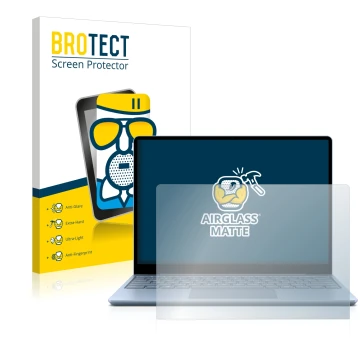 Front side of a product packaging with the brand logo BROTECT. Next to it is the device Microsoft Surface Laptop Go shown with