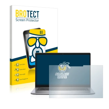 Front side of a product packaging with the brand logo BROTECT. Next to it is the device Dell Latitude 7410 2-in-1 shown with t