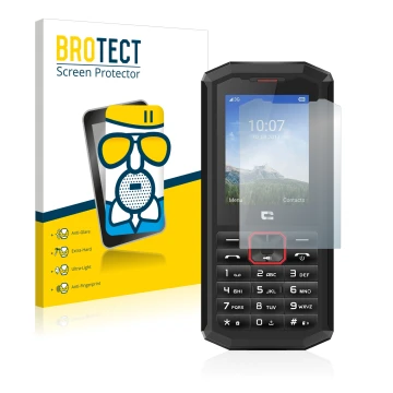 Front side of a product packaging with the brand logo BROTECT. Next to it is the device Crosscall Spider X5 shown with the cor