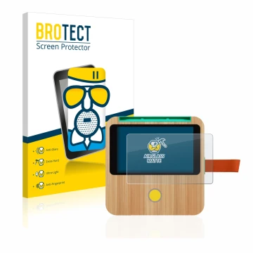 Front side of a product packaging with the brand logo BROTECT. Next to it is the device tigerbox Touch shown with the correspo