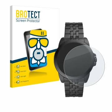 Front side of a product packaging with the brand logo BROTECT. Next to it is the device Fossil Gen 5E shown with the correspon