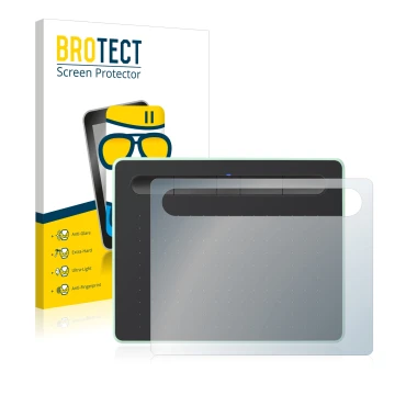 Front side of a product packaging with the brand logo BROTECT. Next to it is the device Wacom Intuos S Bluetooth shown with th