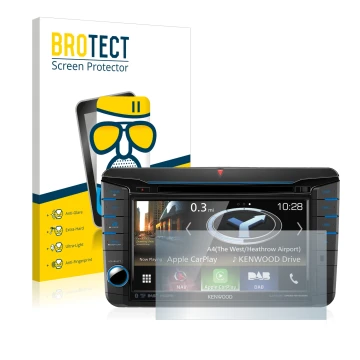 Front side of a product packaging with the brand logo BROTECT. Next to it is the device Kenwood DNX518VDABS shown with the cor