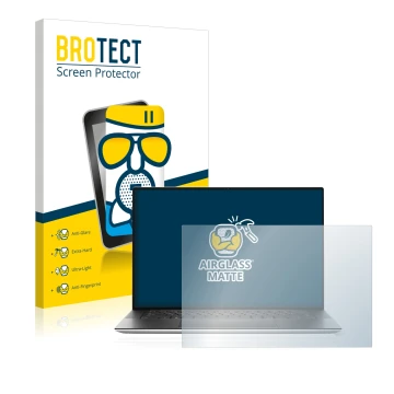 Front side of a product packaging with the brand logo BROTECT. Next to it is the device Dell XPS 15 9500 shown with the corres