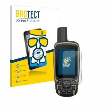 Front side of a product packaging with the brand logo BROTECT. Next to it is the device Garmin GPSMAP 65s shown with the corre