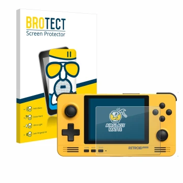 Front side of a product packaging with the brand logo BROTECT. Next to it is the device Retroid Pocket 2 shown with the corres