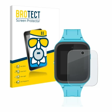 Front side of a product packaging with the brand logo BROTECT. Next to it is the device TCL Movetime FamilyWatch Kids MT40X sh