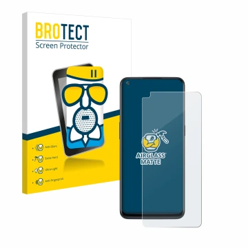 Front side of a product packaging with the brand logo BROTECT. Next to it is the device OnePlus Nord N10 5G shown with the cor