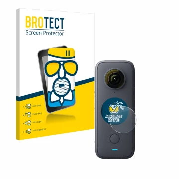 Front side of a product packaging with the brand logo BROTECT. Next to it is the device Insta360 One X2 shown with the corresp