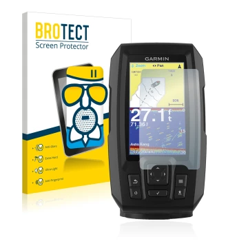 Front side of a product packaging with the brand logo BROTECT. Next to it is the device Garmin Striker Vivid 4cv shown with th