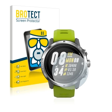 Front side of a product packaging with the brand logo BROTECT. Next to it is the device Coros Apex Pro shown with the correspo