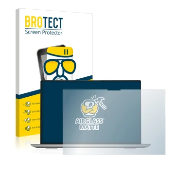 Front side of a product packaging with the brand logo BROTECT. Next to it is the device Dell XPS 17 9700 touch shown with the 