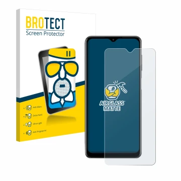 Front side of a product packaging with the brand logo BROTECT. Next to it is the device Samsung Galaxy M12 shown with the corr