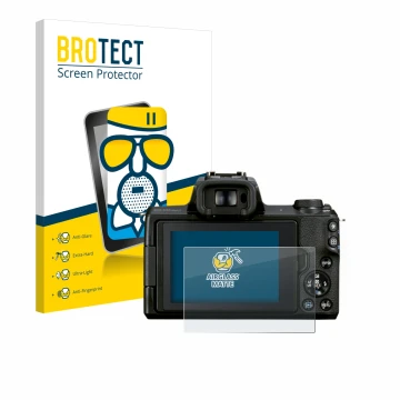 Front side of a product packaging with the brand logo BROTECT. Next to it is the device Canon EOS M50 Mark II shown with the c