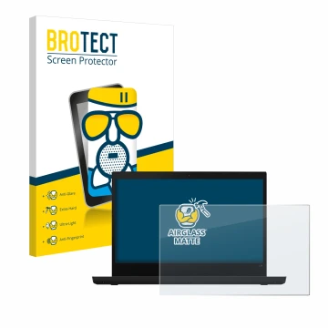 Front side of a product packaging with the brand logo BROTECT. Next to it is the device Lenovo ThinkPad L14 shown with the cor