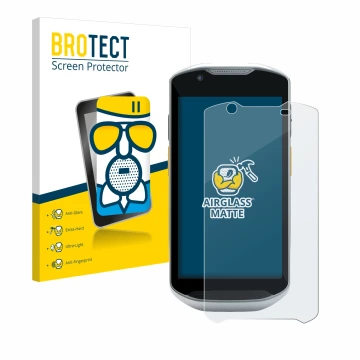 Front side of a product packaging with the brand logo BROTECT. Next to it is the device Zebra TC57x shown with the correspondi