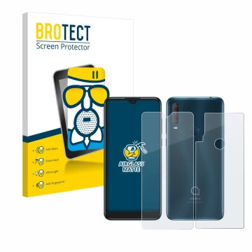 Front side of a product packaging with the brand logo BROTECT. Next to it is the device Alcatel 1S 2020 (Front+Back) shown wit