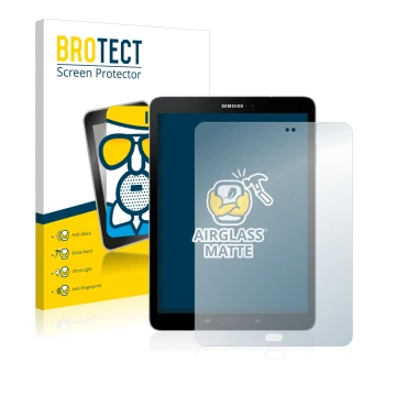 Front side of a product packaging with the brand logo BROTECT. Next to it is the device Samsung Galaxy Tab S3 shown with the c