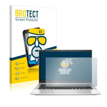 Front side of a product packaging with the brand logo BROTECT. Next to it is the device HP EliteBook 830 G7 Non-Touch shown wi